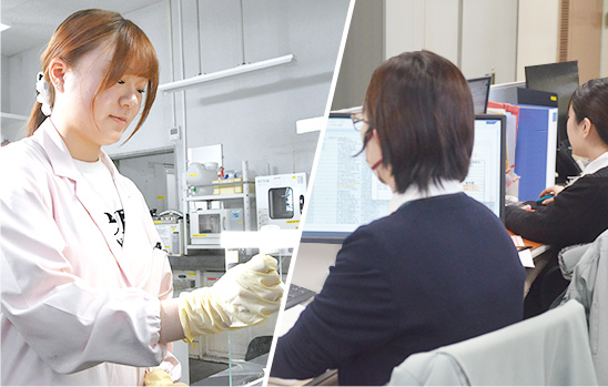 白衣姿の職員とデスクに向かう二人の職員